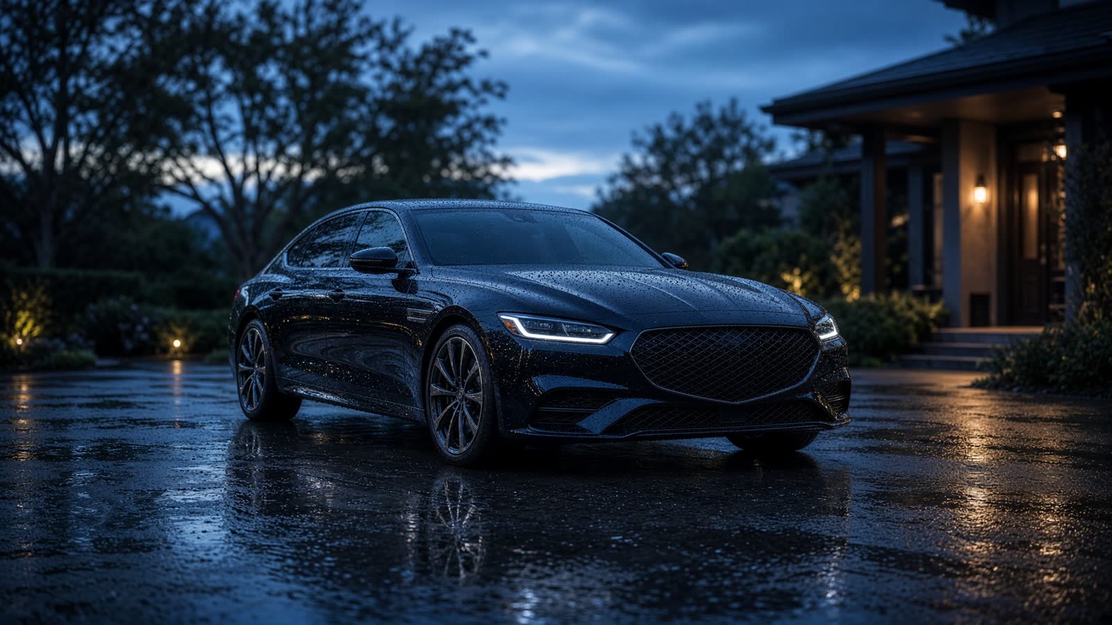 Freshly detailed midnight sedan in a quiet driveway at dawn